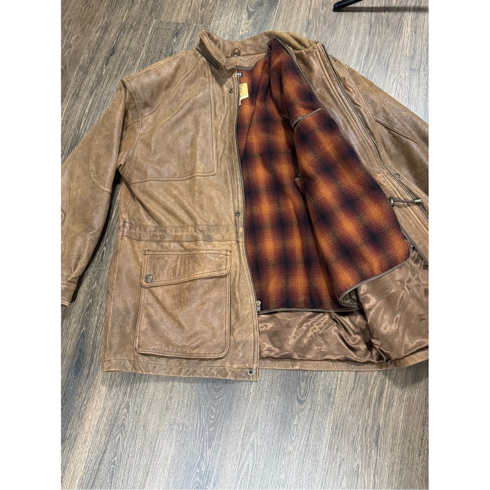 Vintage 90s Mens Georgetown Leather Design Brown Field Coat L Thinsulate Plaid